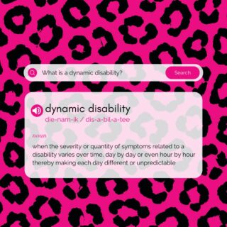 Some days my body cooperates. 
Some days my legs give way without warning.
Dynamic disability isn’t visible, predictable, or consistent - but is very real. 
I’m not changing my story. My body is. 

[ID: A bright graphic with a hot pink background covered in a repeating black leopard-print pattern. Centered on the image is a rounded, light pink search interface. At the top, a search bar reads “What is a dynamic disability?” with a pink “Search” button on the right. Below is a dictionary-style definition card. The heading reads “dynamic disability,” followed by a phonetic pronunciation: “die-nam-ik / dis-a-bil-a-tee,” and the word “noun.” The definition explains that a dynamic disability is when the severity or quantity of symptoms related to a disability varies over time—day by day or even hour by hour—making each day different or unpredictable. A small speaker icon appears next to the term, indicating audio pronunciation.]

#DynamicDisability #DisabledVoices #InvisibleDisability #DisabledLife #ChronicIllnessLife