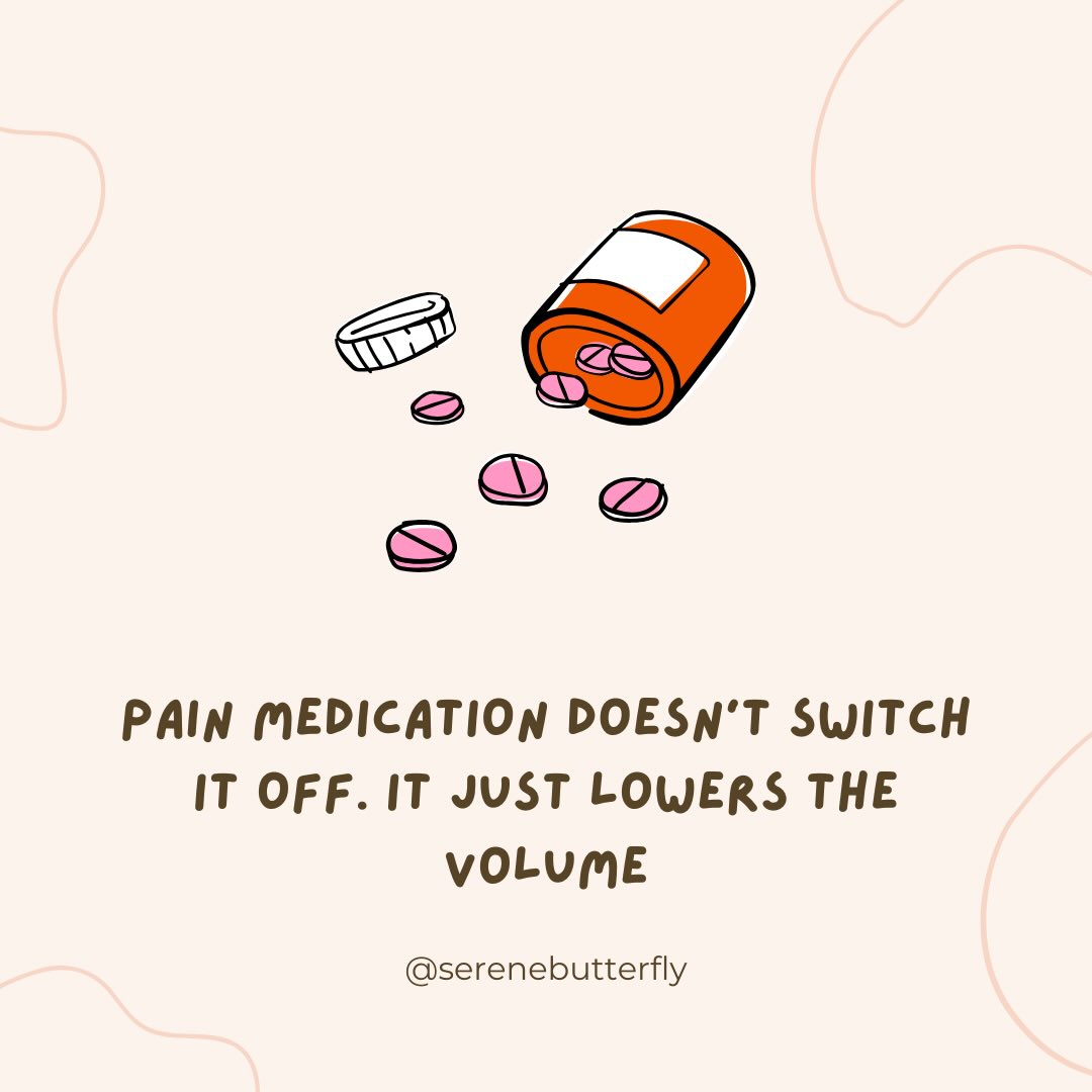 This is one of the hardest things to explain about chronic pain. 

Medications helps, but it doesn’t make it disappear. It softens it, quietens it, makes it a little more manageable - but it’s still there. 

I think a lot of people don’t realise that. 

#ChronicPain #ChronicIllness #PainManagement #InvisibleIllness #NEISVoid